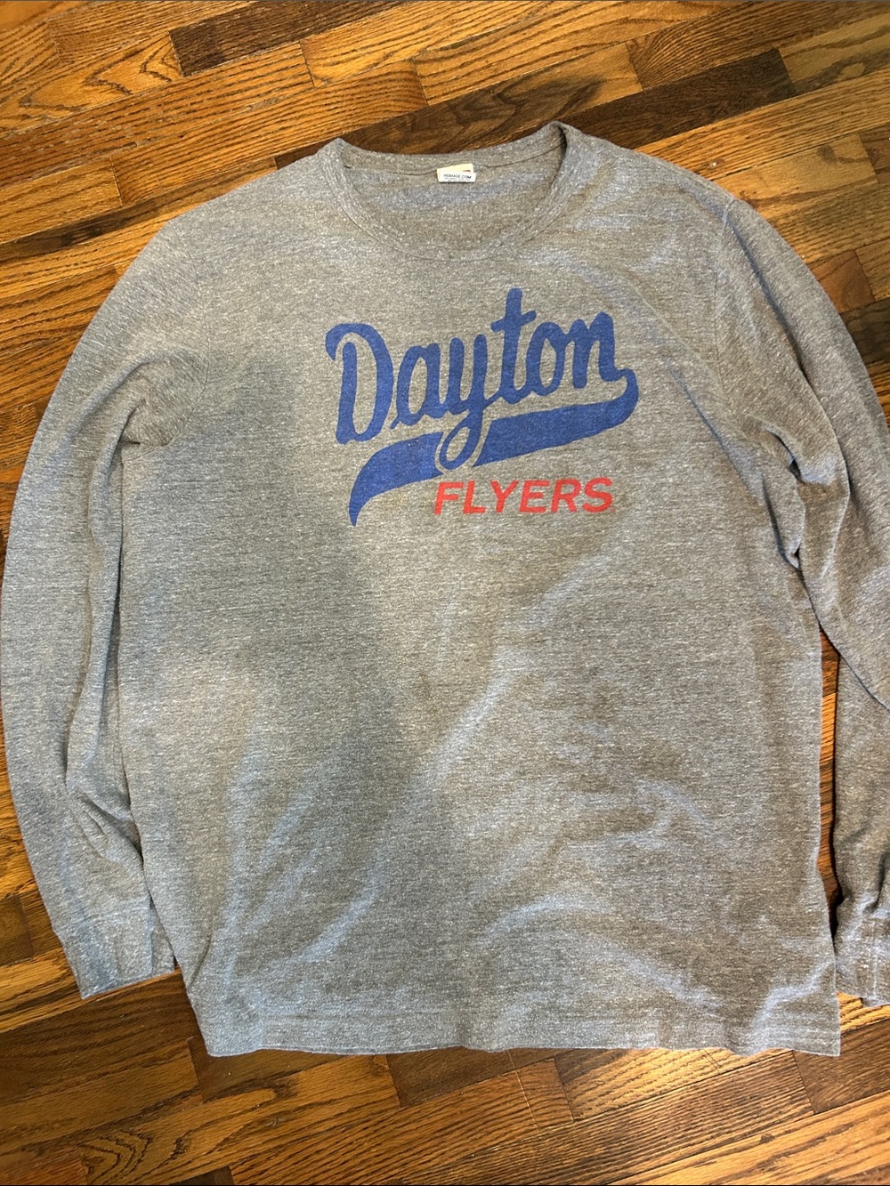 HOMAGE Gray Long Sleeve 'Dayton Flyers' Tee with Blue & Red Logo